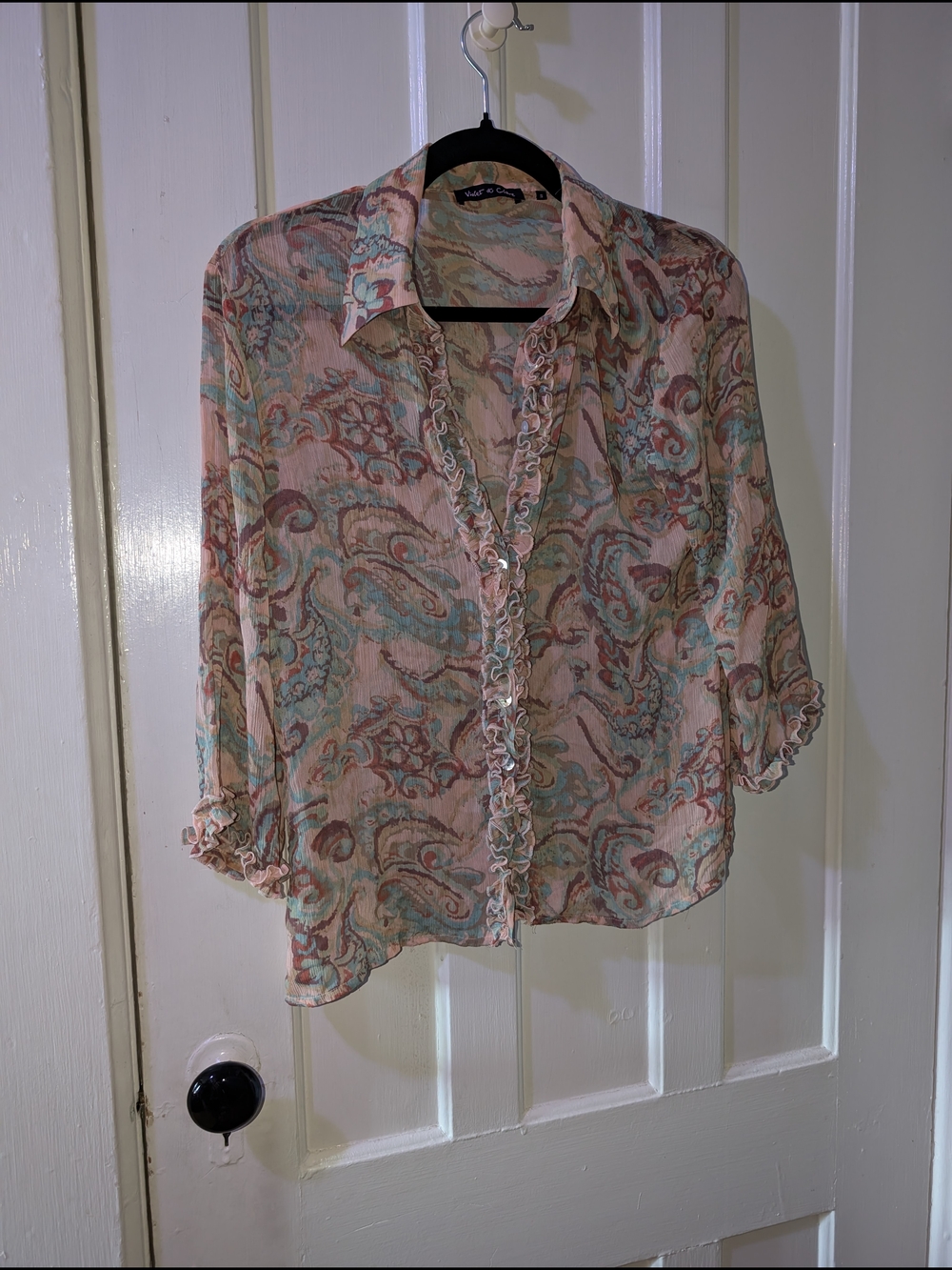 Y2K 90s Vintage Sheer Paisley Ruffle Front Women's Blouse - Pink Multi